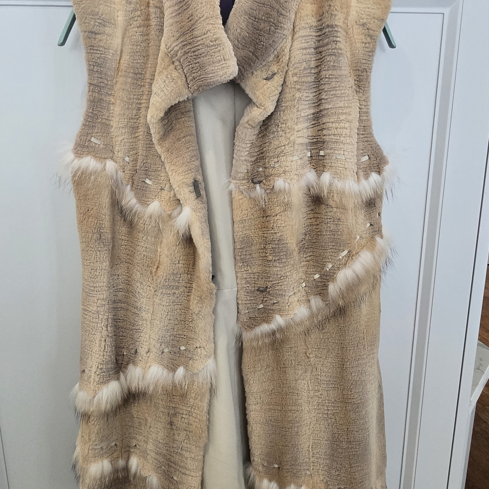 Beige Faux Fur Long Vest with Trim